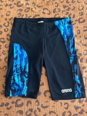 Men's Black Swim Shorts with Blue Print Side Panel